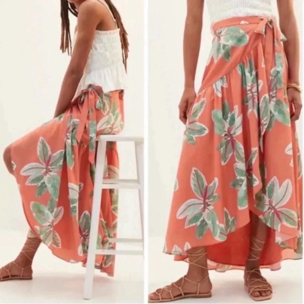 Hutch Peach and Mint Leaf High-Low wrap Skirt M